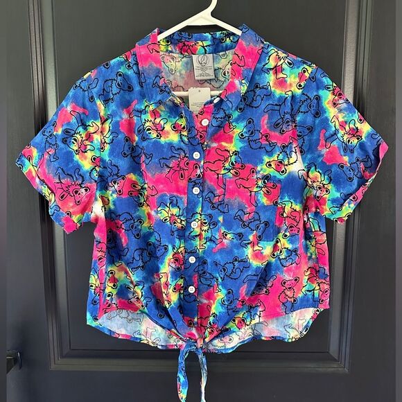 Grateful Dead Tie Dye Crop Tie Front Button Down 
